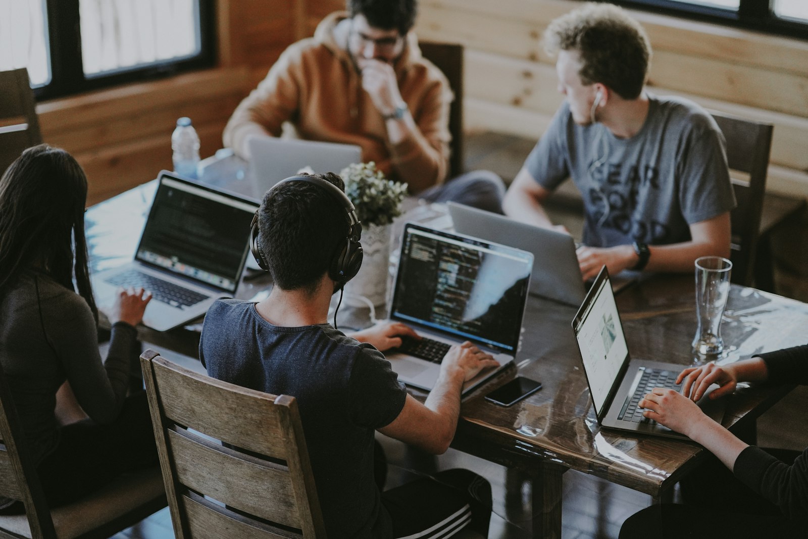 Small business team reviewing work together